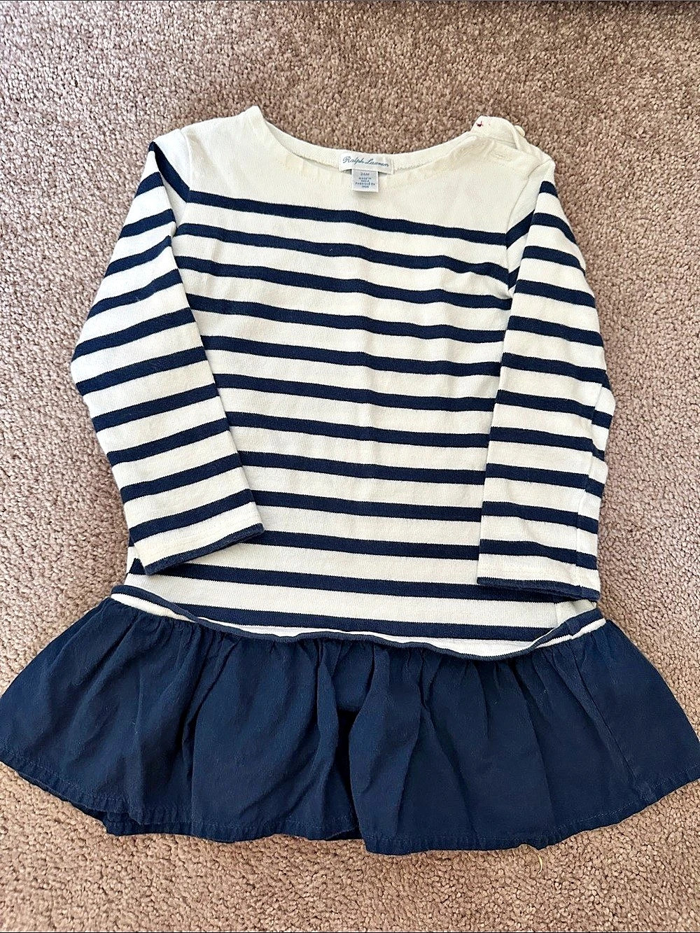 Ralph Lauren Striped Cotton Jersey Ruffle Hem Dress Blue & White